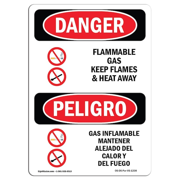 Safety Sign, OSHA, 24" Height, Rigid Plastic, Flammable Gas Keep Flame Away Spanish
